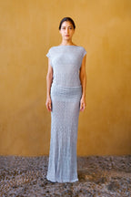 Robe Longue Drapée En Dentelle – Bleu