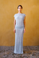 Robe Longue Drapée En Dentelle – Bleu