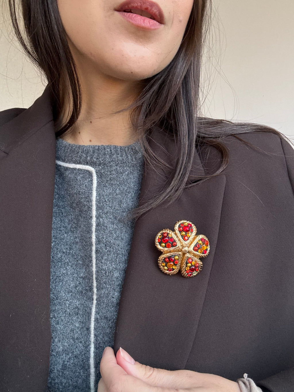 Jacky De G Vintage Brooch - Multicolour Clover Rhinestone
