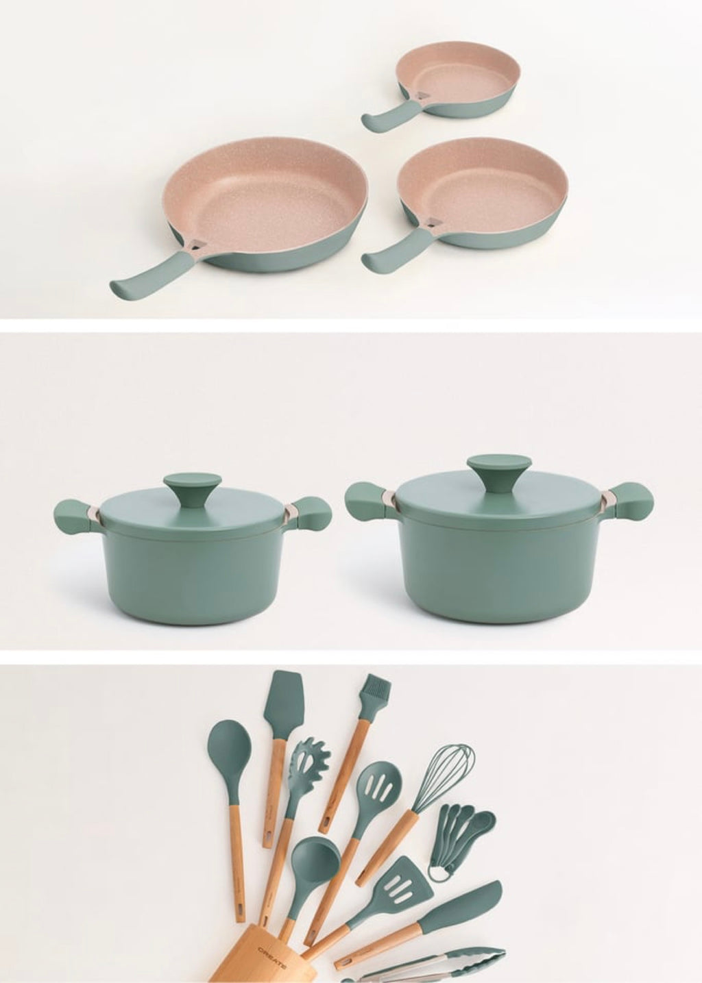 Batería De Cocina - 3 Sartenes PAN STUDIO, 2 Cacerolas POT STUDIO & Kit De Utensilios KITCHENWARE STUDIO - Salvia