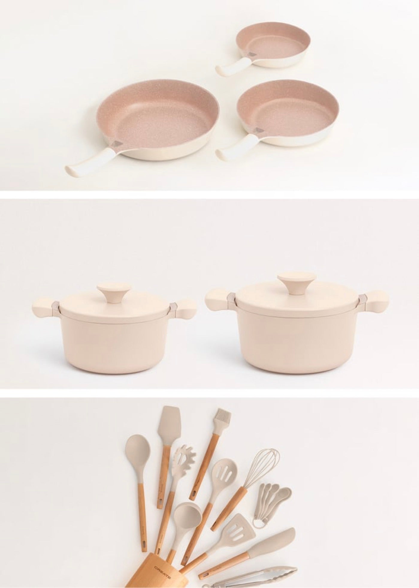 Cookware Set - 3 PAN STUDIO Frying Pans, 2 POT STUDIO Casserole Dishes & KITCHENWARE STUDIO Utensil Kit - Sand