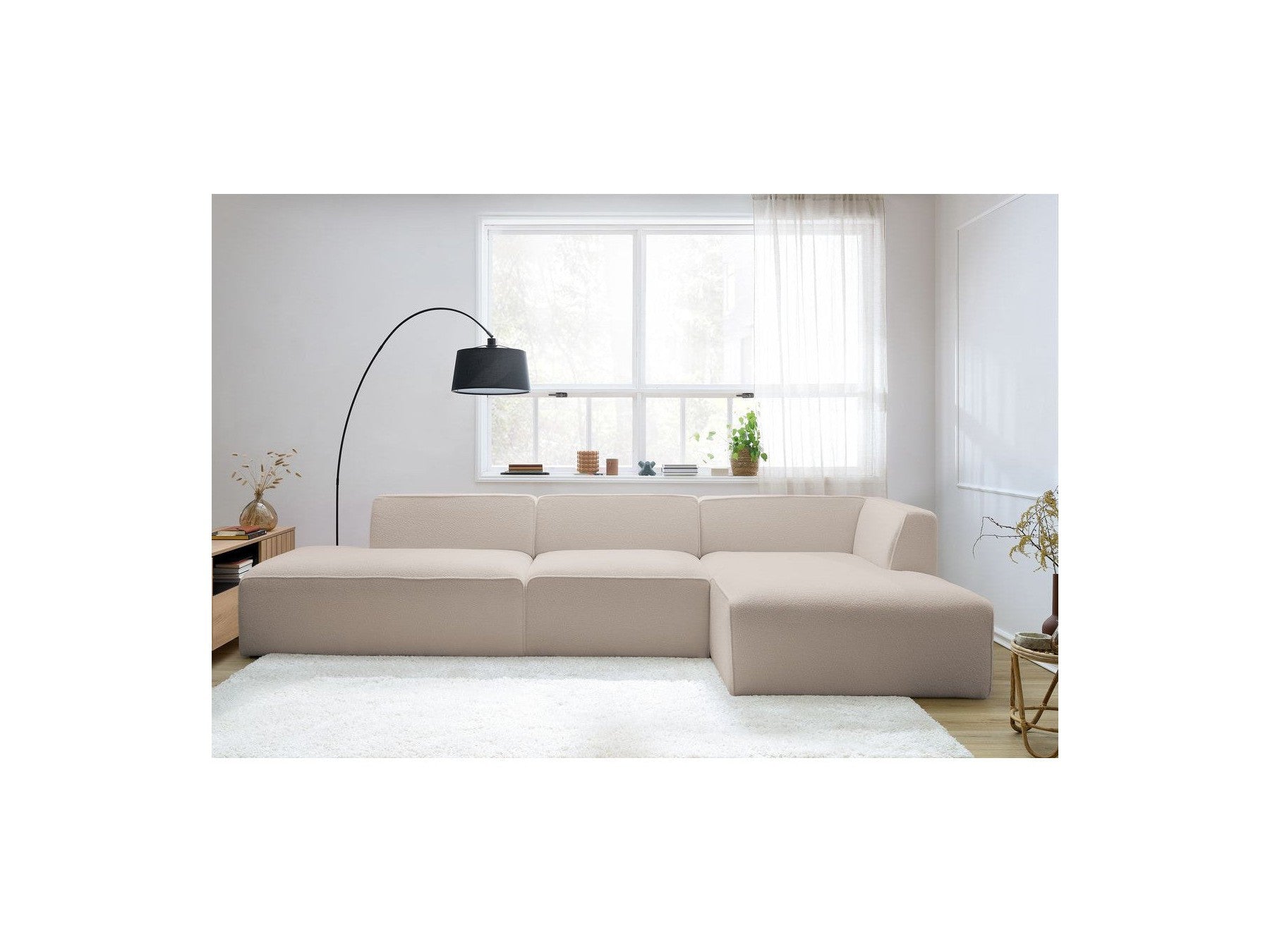 Megeve - Canapé D'Angle Fixe Modulable - Tissu Bouclette - Avec 1 Chauffeuse Et 1 Pouf - Angle Droit