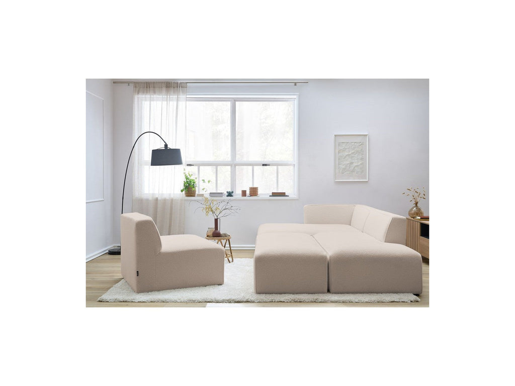 Megeve - Canapé D'Angle Fixe Modulable - Tissu Bouclette - Avec 1 Chauffeuse Et 1 Pouf - Angle Gauche
