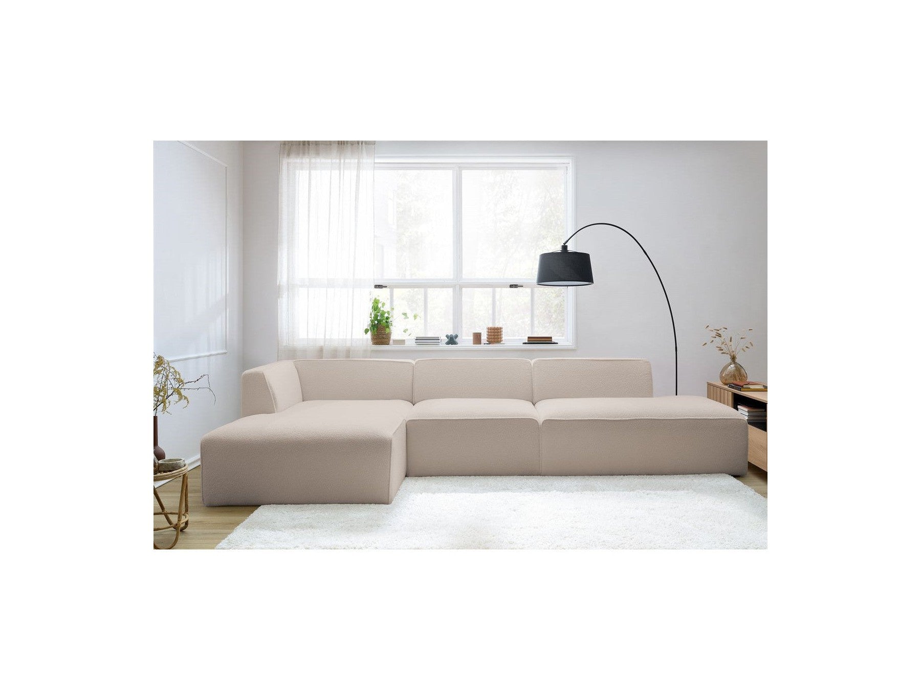 Megeve - Canapé D'Angle Fixe Modulable - Tissu Bouclette - Avec 1 Chauffeuse Et 1 Pouf - Angle Gauche