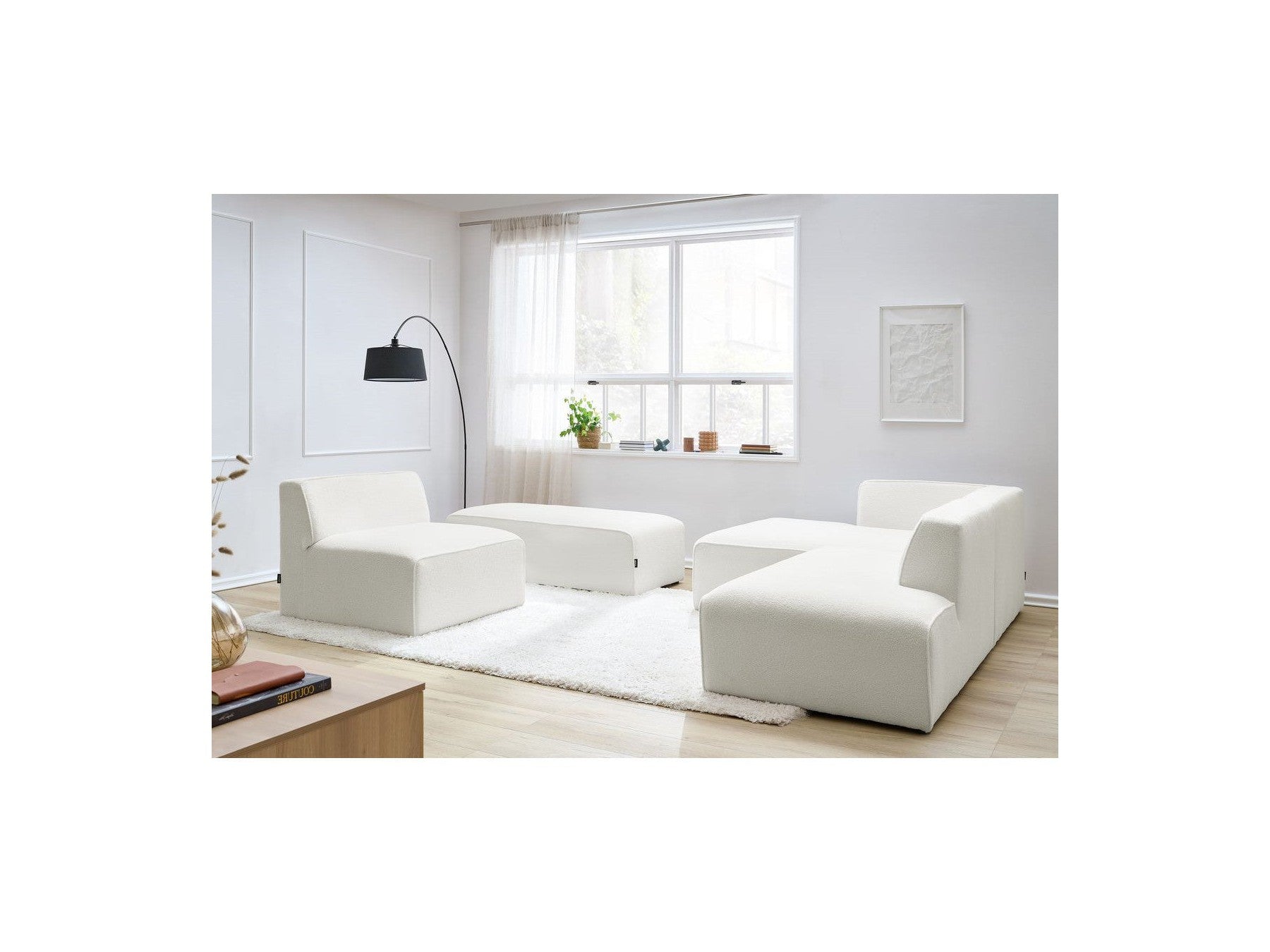 Megeve - Canapé D'Angle Fixe Modulable - Tissu Bouclette - Avec 1 Chauffeuse Et 1 Pouf - Angle Gauche