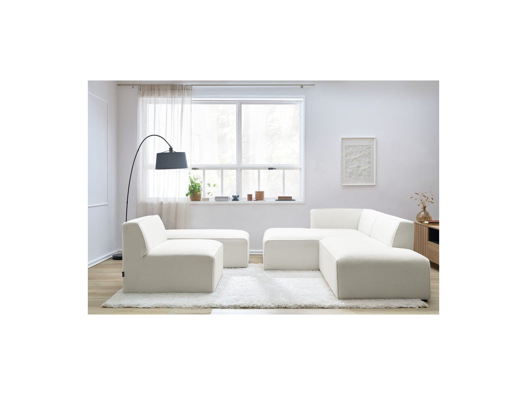 Megeve - Canapé D'Angle Fixe Modulable - Tissu Bouclette - Avec 1 Chauffeuse Et 1 Pouf - Angle Gauche