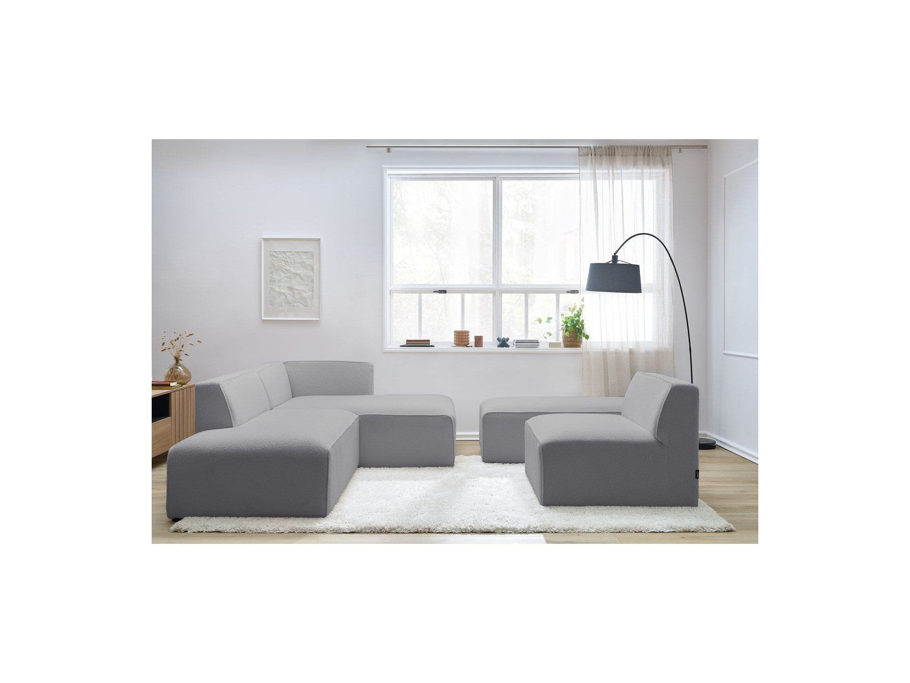 Megeve - Canapé D'Angle Fixe Modulable - Tissu Bouclette - Avec 1 Chauffeuse Et 1 Pouf - Angle Droit