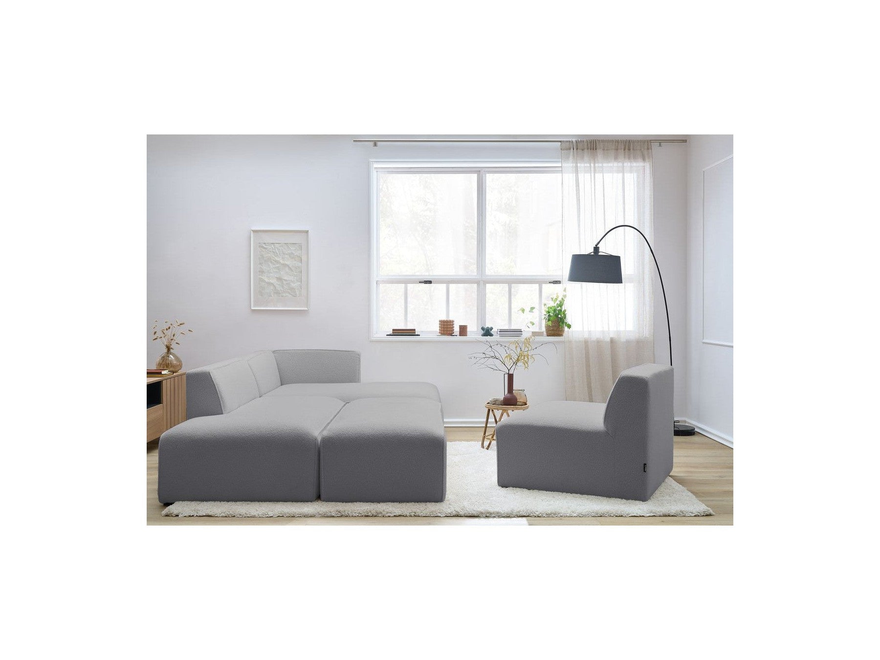 Megeve - Canapé D'Angle Fixe Modulable - Tissu Bouclette - Avec 1 Chauffeuse Et 1 Pouf - Angle Droit