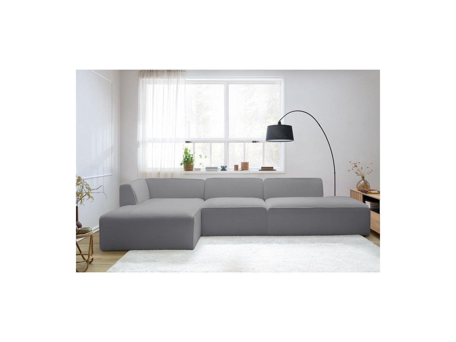 Megeve - Canapé D'Angle Fixe Modulable - Tissu Bouclette - Avec 1 Chauffeuse Et 1 Pouf - Angle Gauche