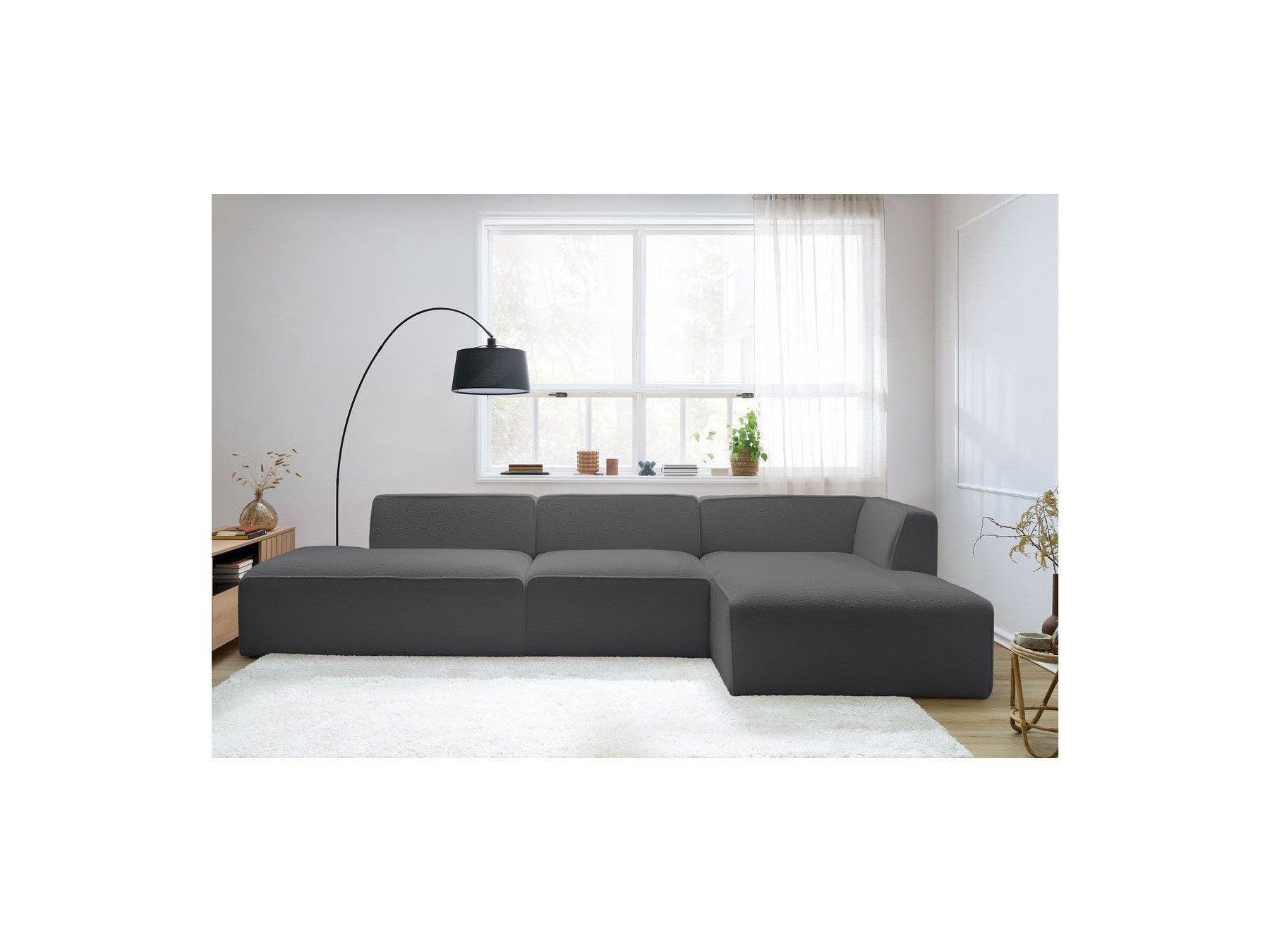 Megeve - Canapé D'Angle Fixe Modulable - Tissu Bouclette - Avec 1 Chauffeuse Et 1 Pouf - Angle Droit