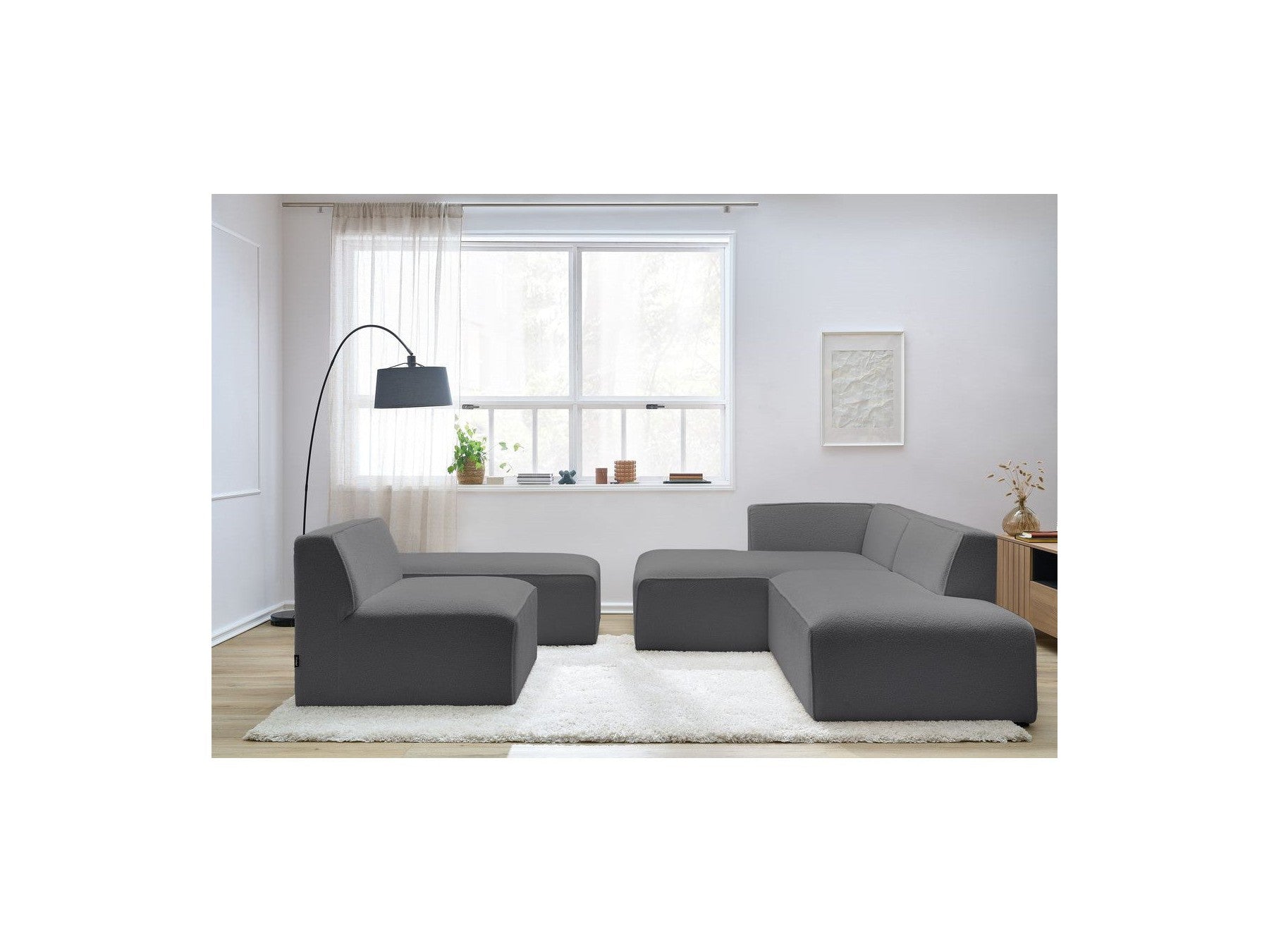 Megeve - Canapé D'Angle Fixe Modulable - Tissu Bouclette - Avec 1 Chauffeuse Et 1 Pouf - Angle Gauche