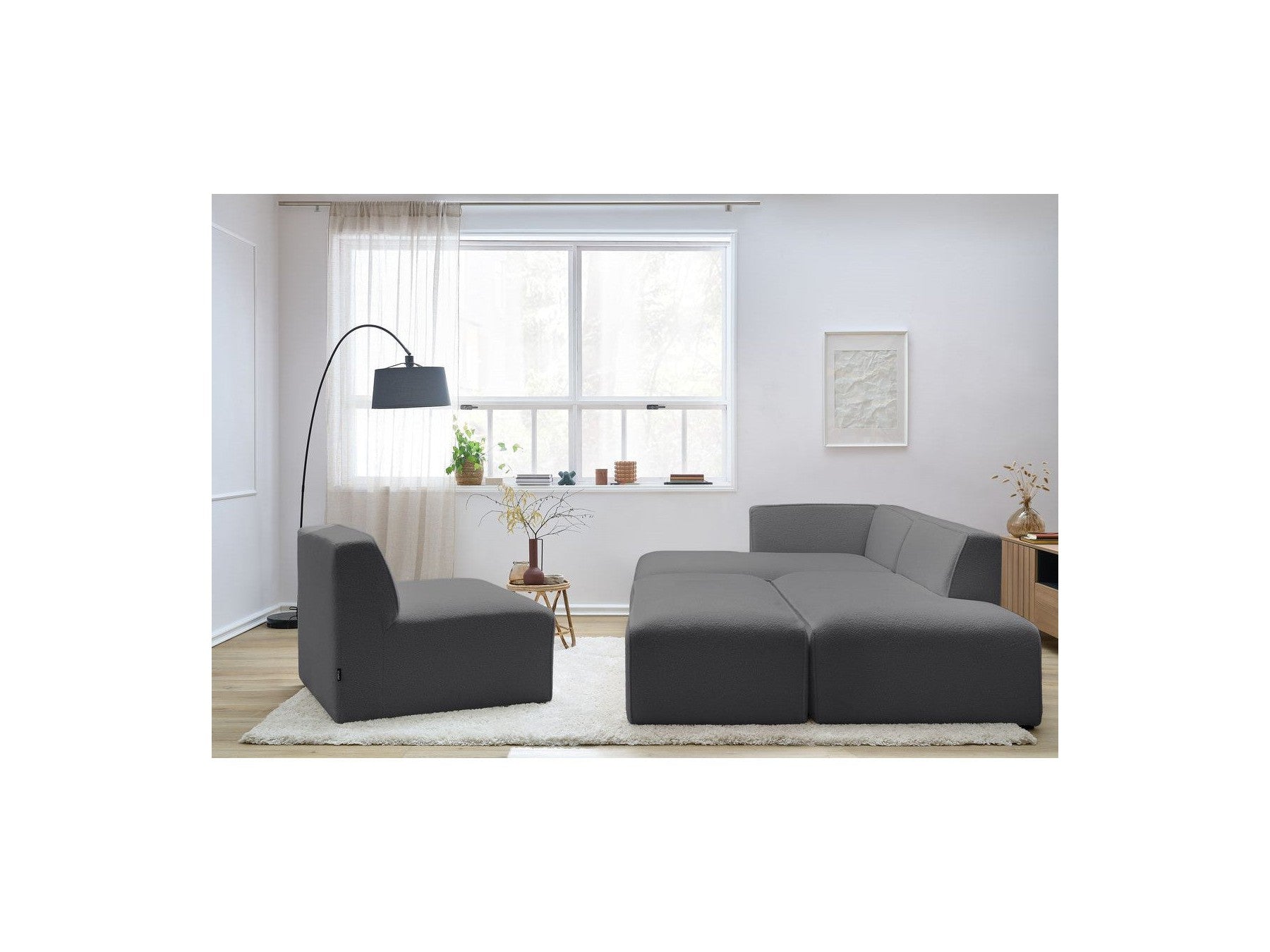 Megeve - Canapé D'Angle Fixe Modulable - Tissu Bouclette - Avec 1 Chauffeuse Et 1 Pouf - Angle Gauche