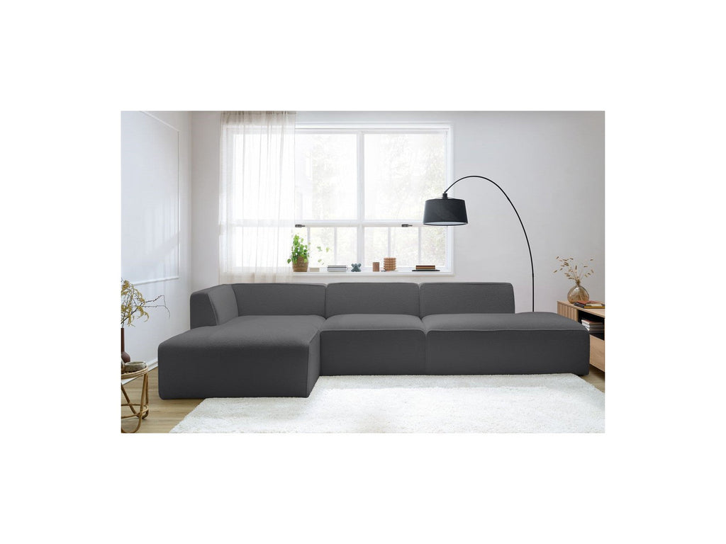 Megeve - Canapé D'Angle Fixe Modulable - Tissu Bouclette - Avec 1 Chauffeuse Et 1 Pouf - Angle Gauche