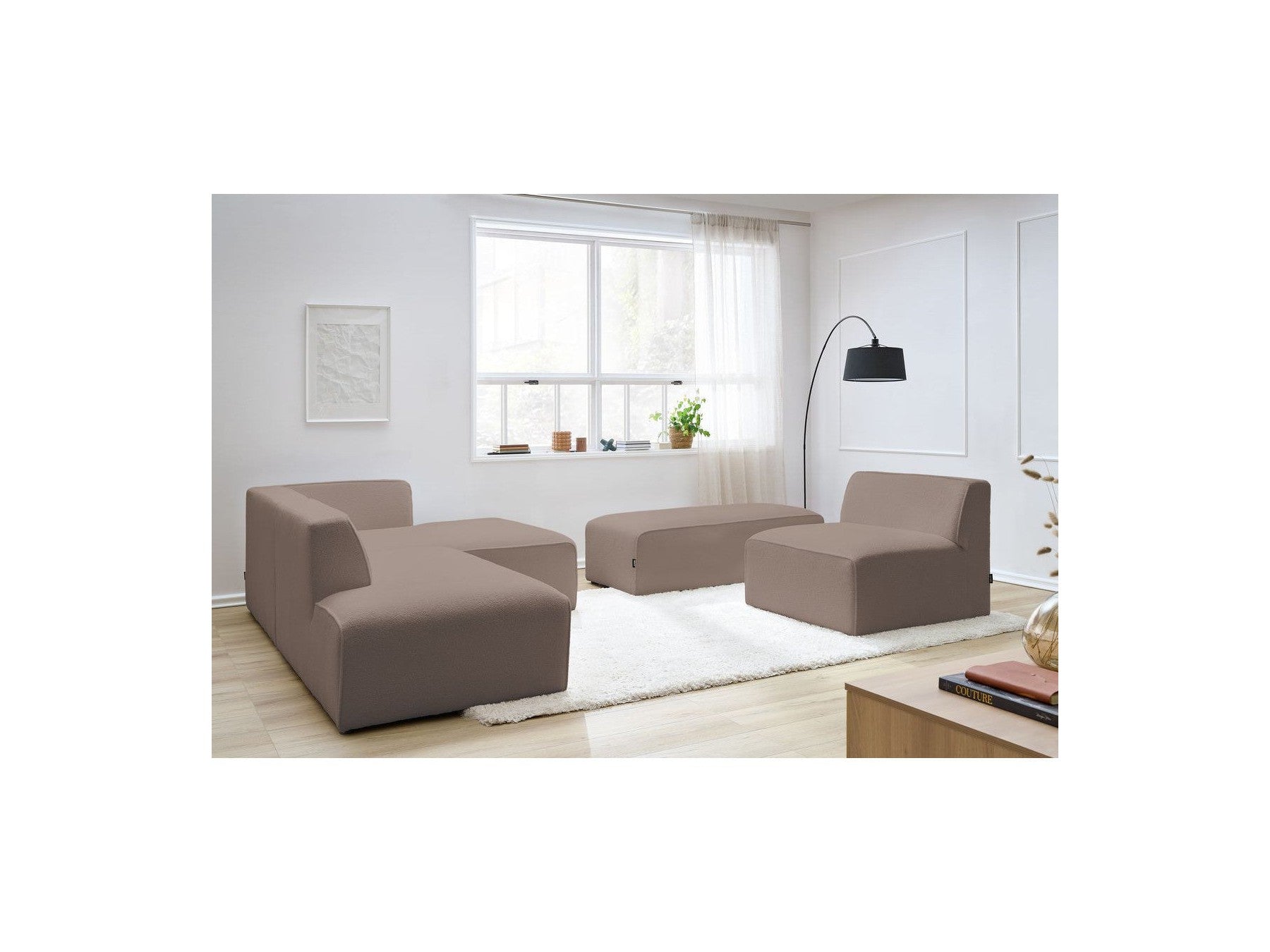 Megeve - Canapé D'Angle Fixe Modulable - Tissu Bouclette - Avec 1 Chauffeuse Et 1 Pouf - Angle Droit