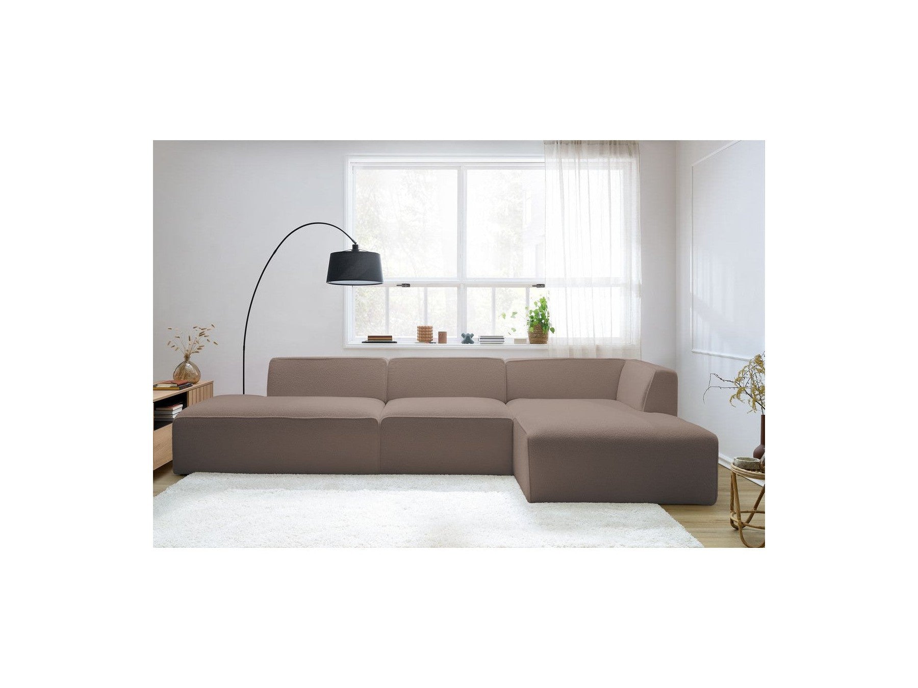 Megeve - Canapé D'Angle Fixe Modulable - Tissu Bouclette - Avec 1 Chauffeuse Et 1 Pouf - Angle Droit