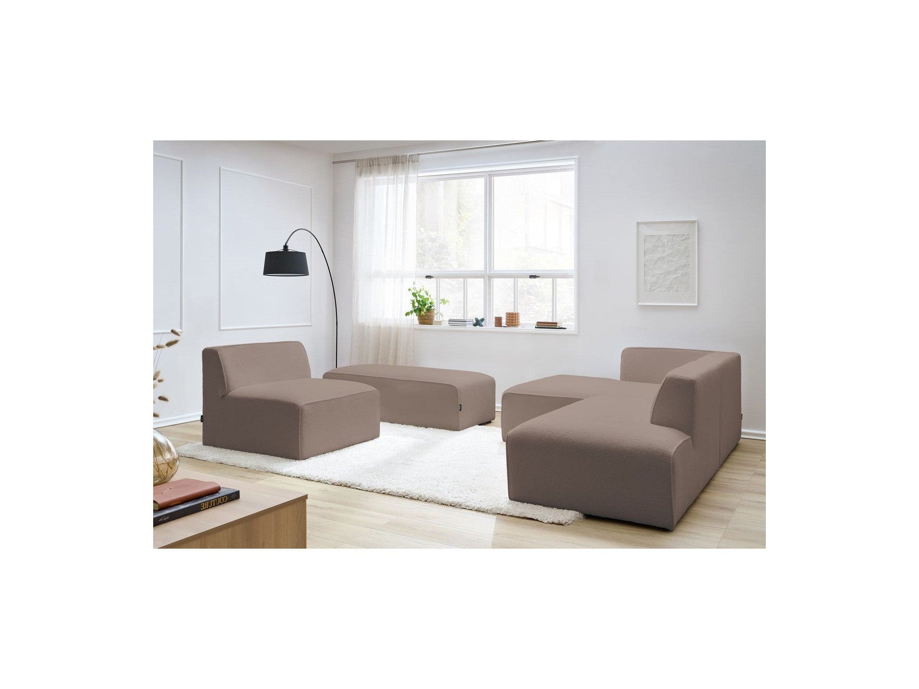 Megeve - Canapé D'Angle Fixe Modulable - Tissu Bouclette - Avec 1 Chauffeuse Et 1 Pouf - Angle Gauche