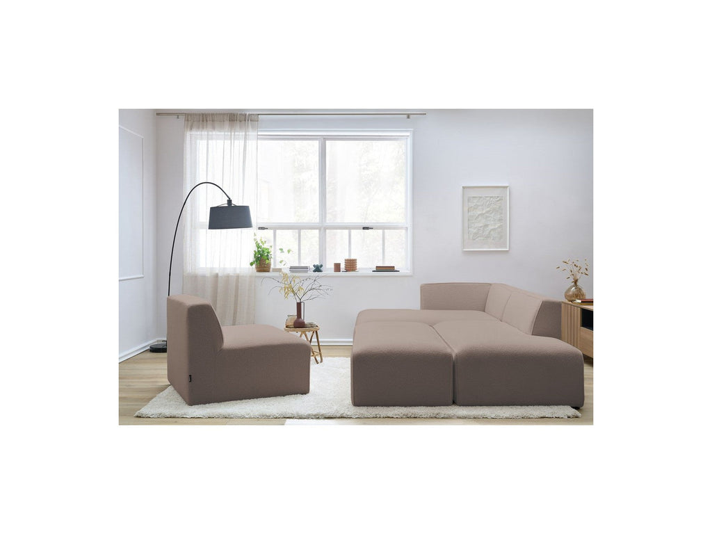 Megeve - Canapé D'Angle Fixe Modulable - Tissu Bouclette - Avec 1 Chauffeuse Et 1 Pouf - Angle Gauche