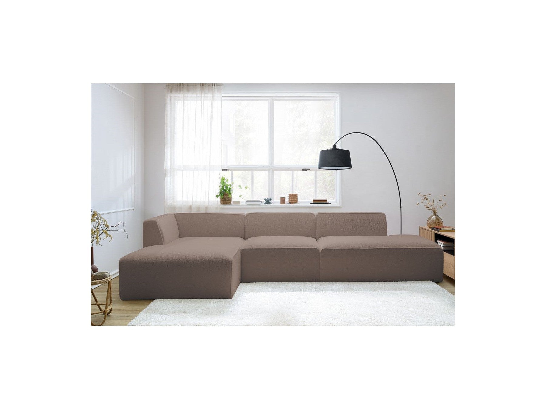 Megeve - Canapé D'Angle Fixe Modulable - Tissu Bouclette - Avec 1 Chauffeuse Et 1 Pouf - Angle Gauche