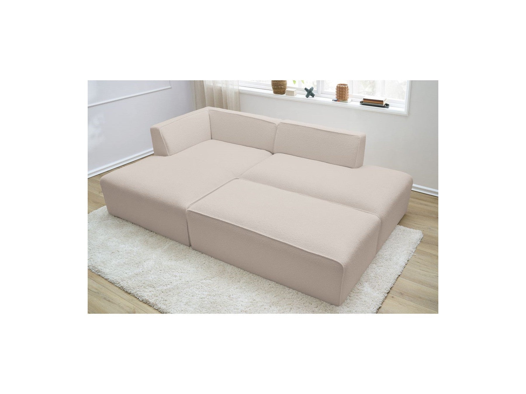 Megeve - Canapé D'Angle Fixe Modulable - Tissu Bouclette - Avec Pouf - Angle Gauche