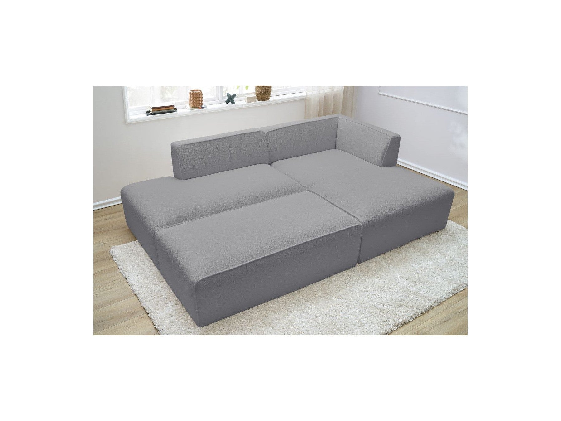 Megeve - Canapé D'Angle Fixe Modulable - Tissu Bouclette - Avec Pouf - Angle Droit