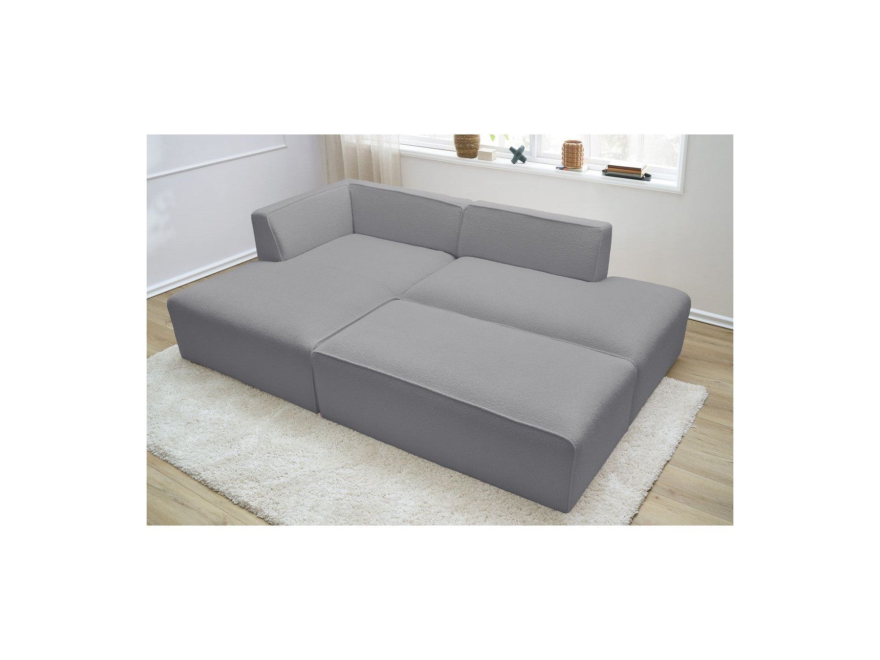Megeve - Canapé D'Angle Fixe Modulable - Tissu Bouclette - Avec Pouf - Angle Gauche