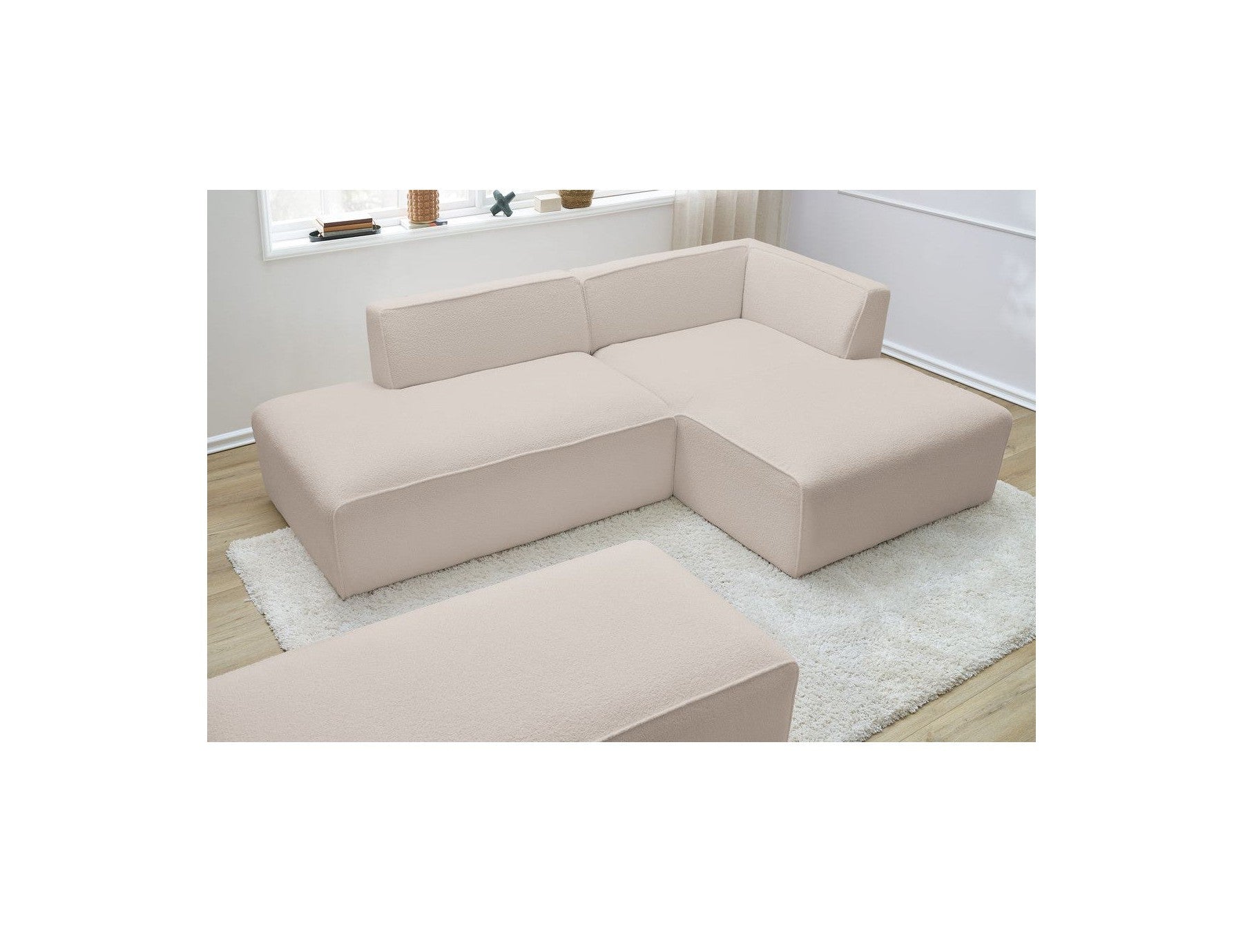 Megeve - Canapé D'Angle Fixe Modulable - Tissu Bouclette - Avec Pouf - Angle Droit
