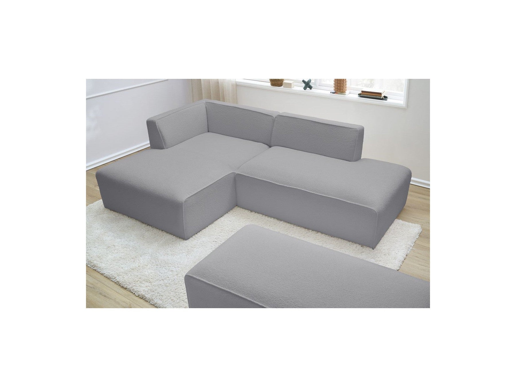Megeve - Canapé D'Angle Fixe Modulable - Tissu Bouclette - Avec Pouf - Angle Gauche