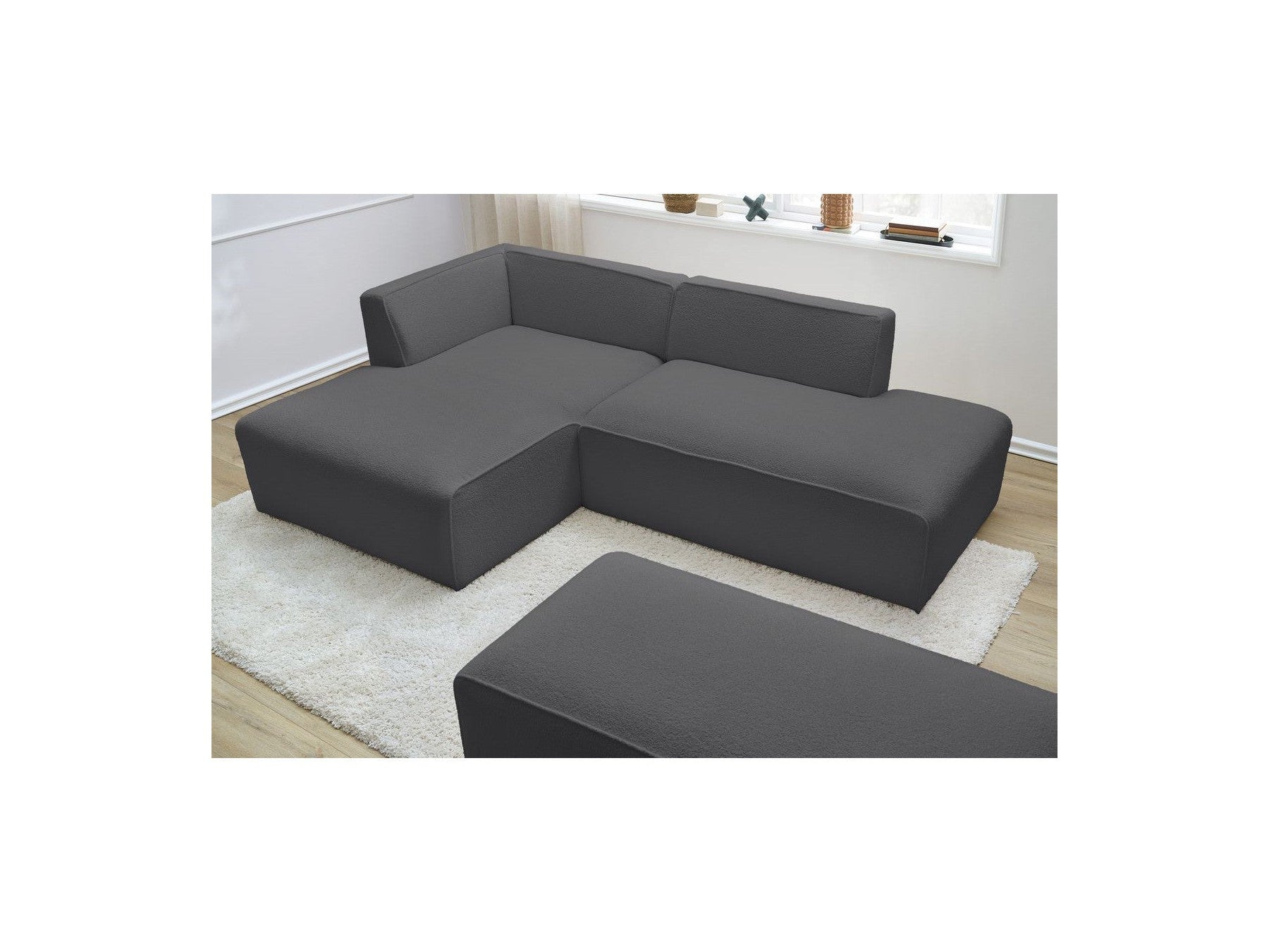 Megeve - Canapé D'Angle Fixe Modulable - Tissu Bouclette - Avec Pouf - Angle Gauche