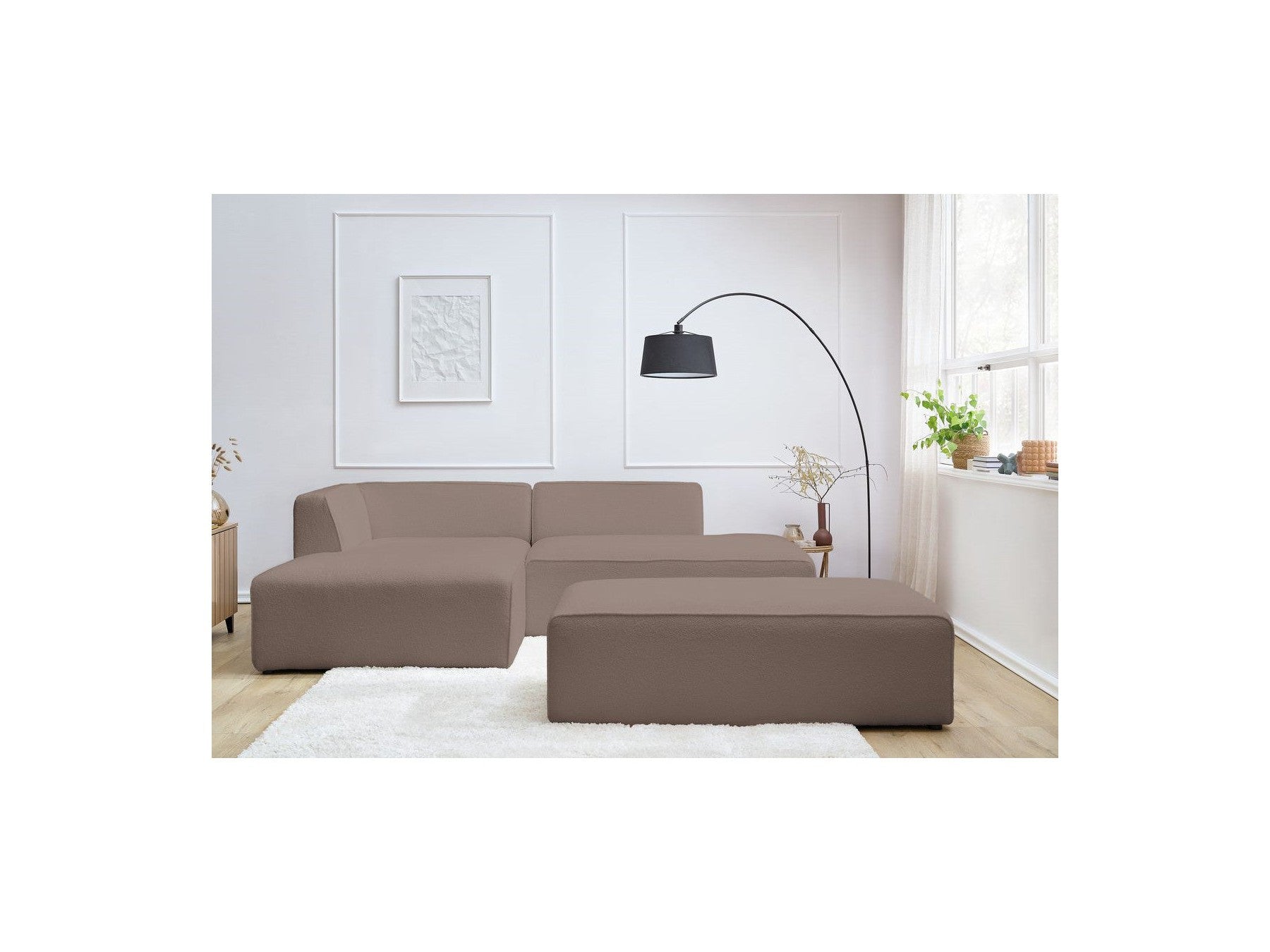 Megeve - Canapé D'Angle Fixe Modulable - Tissu Bouclette - Avec Pouf - Angle Gauche