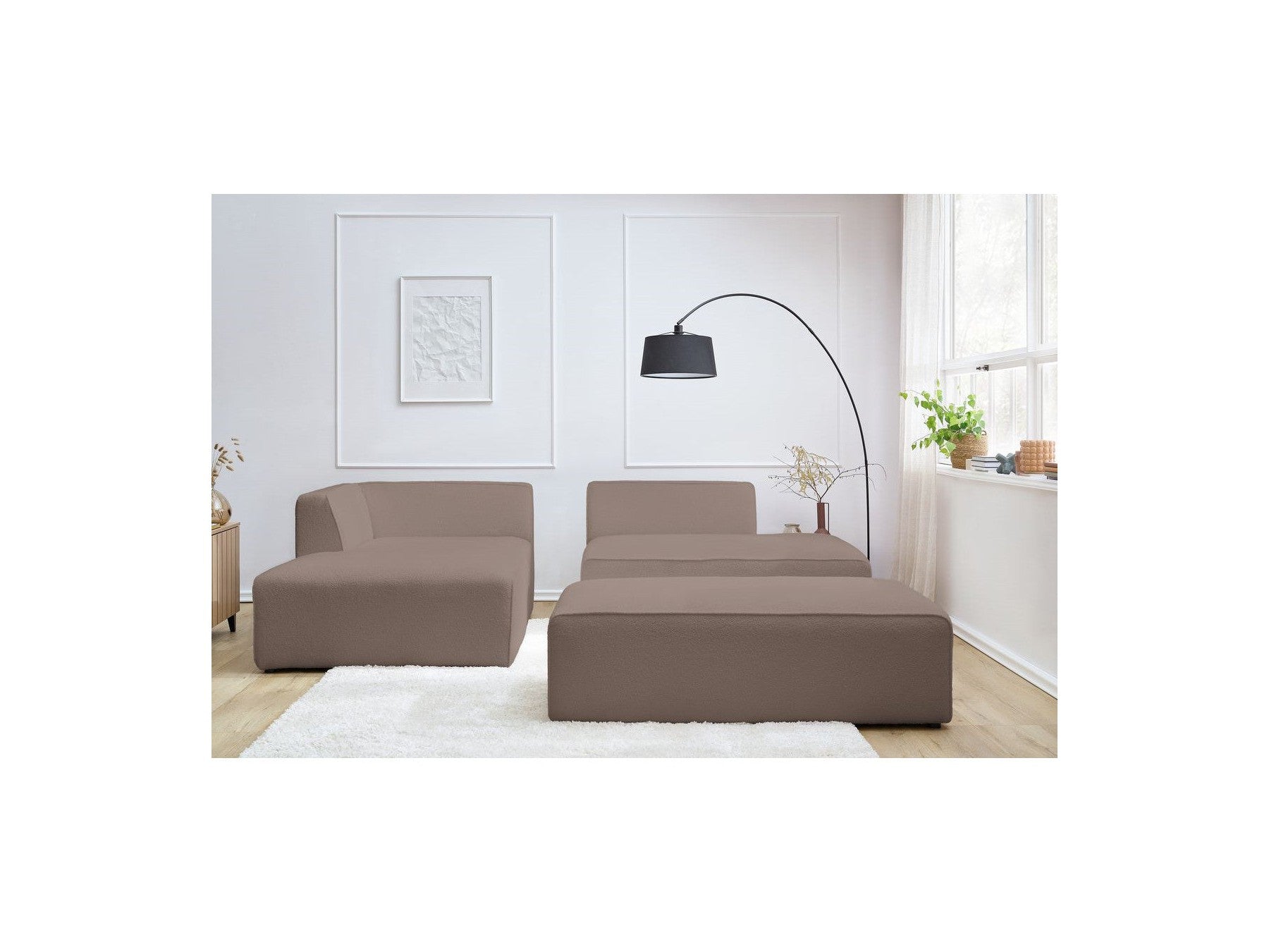 Megeve - Canapé D'Angle Fixe Modulable - Tissu Bouclette - Avec Pouf - Angle Gauche