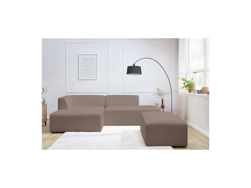 Megeve - Canapé D'Angle Fixe Modulable - Tissu Bouclette - Avec Pouf - Angle Gauche