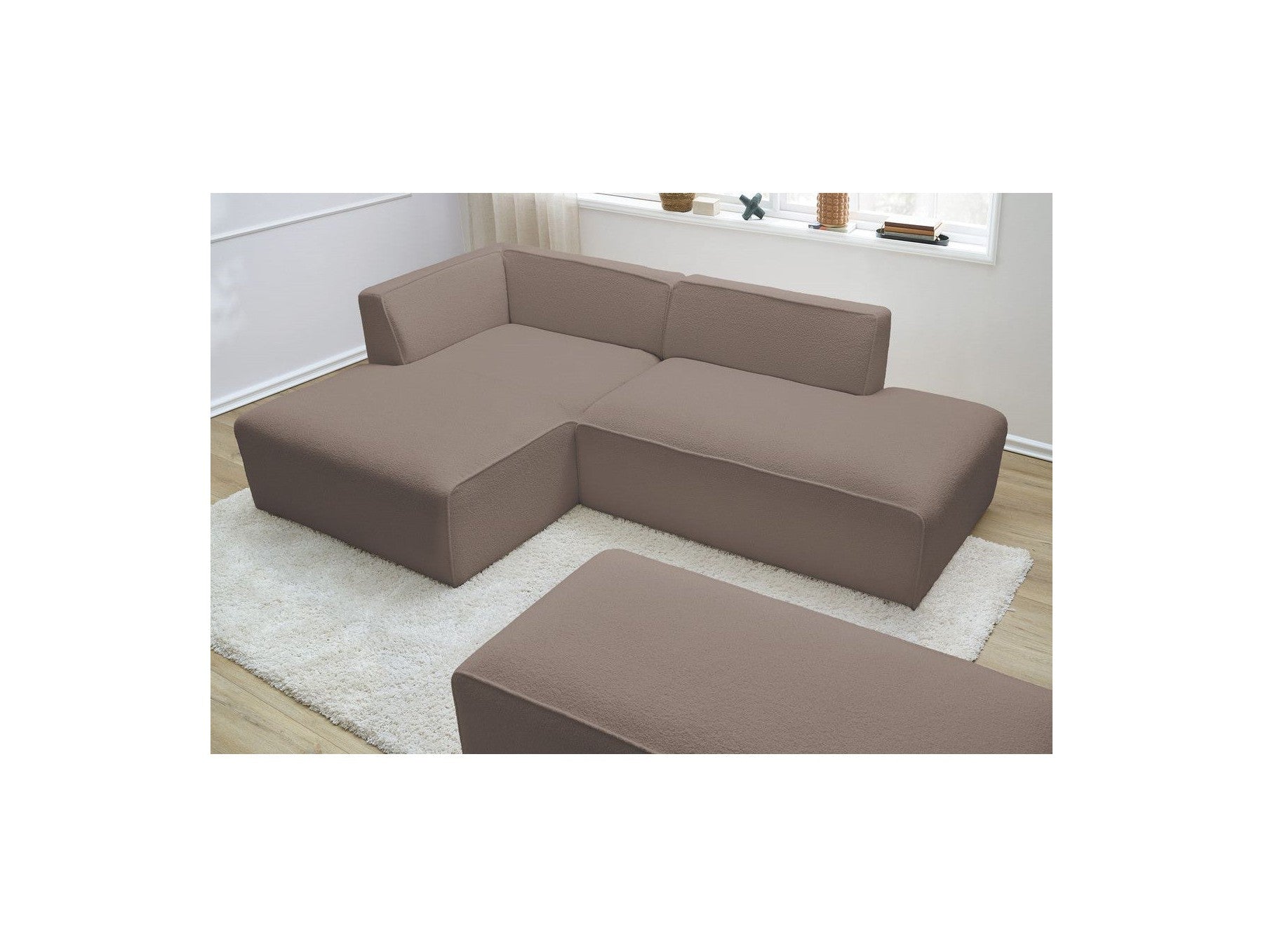 Megeve - Canapé D'Angle Fixe Modulable - Tissu Bouclette - Avec Pouf - Angle Gauche