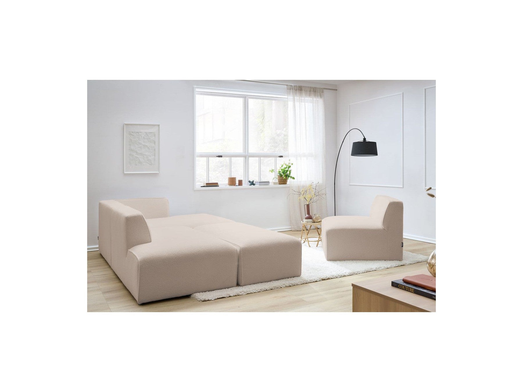 Megeve - Canapé D'Angle Fixe Modulable - Tissu Bouclette - Avec 1 Chauffeuse Et 1 Pouf - Angle Droit