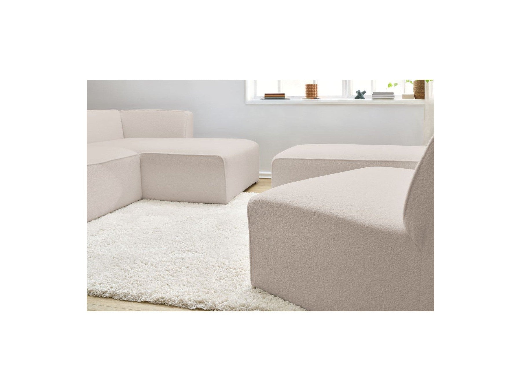 Megeve - Canapé D'Angle Fixe Modulable - Tissu Bouclette - Avec 1 Chauffeuse Et 1 Pouf - Angle Droit