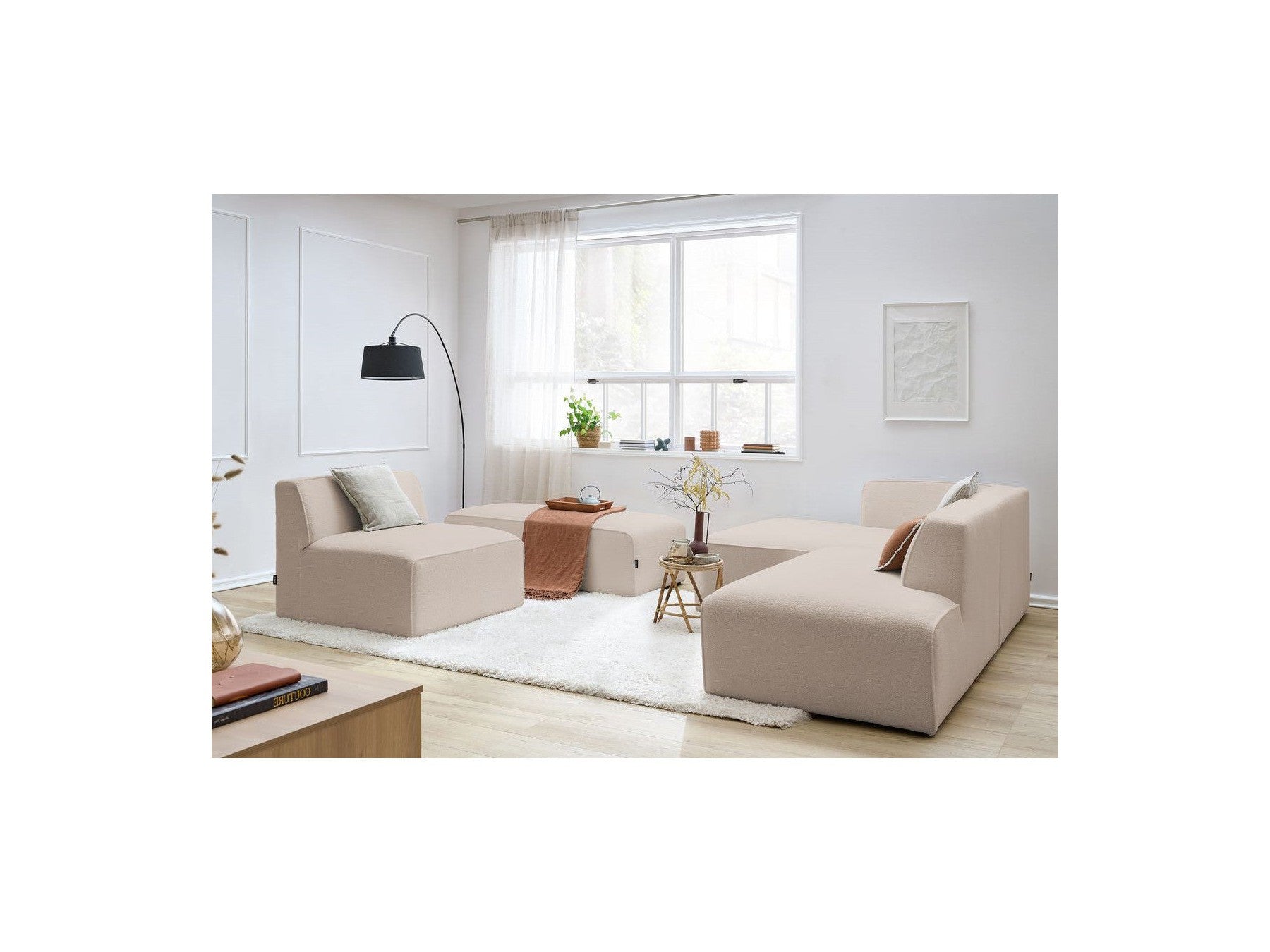 Megeve - Canapé D'Angle Fixe Modulable - Tissu Bouclette - Avec 1 Chauffeuse Et 1 Pouf - Angle Gauche
