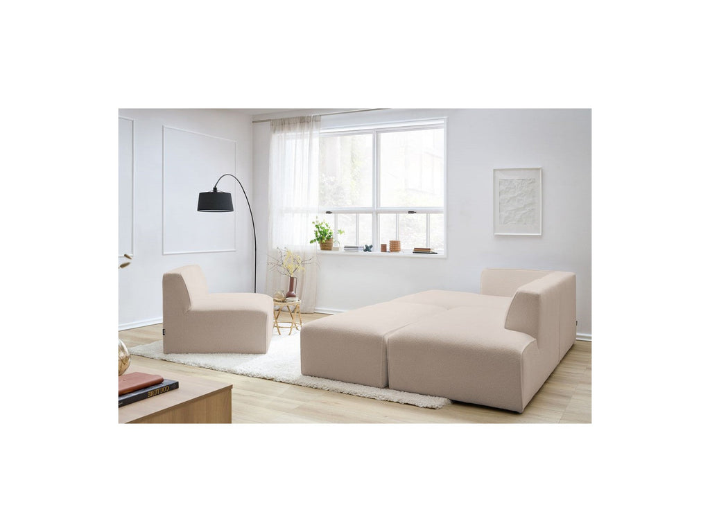 Megeve - Canapé D'Angle Fixe Modulable - Tissu Bouclette - Avec 1 Chauffeuse Et 1 Pouf - Angle Gauche