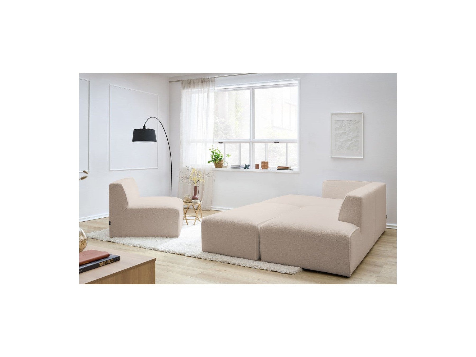 Megeve - Canapé D'Angle Fixe Modulable - Tissu Bouclette - Avec 1 Chauffeuse Et 1 Pouf - Angle Gauche