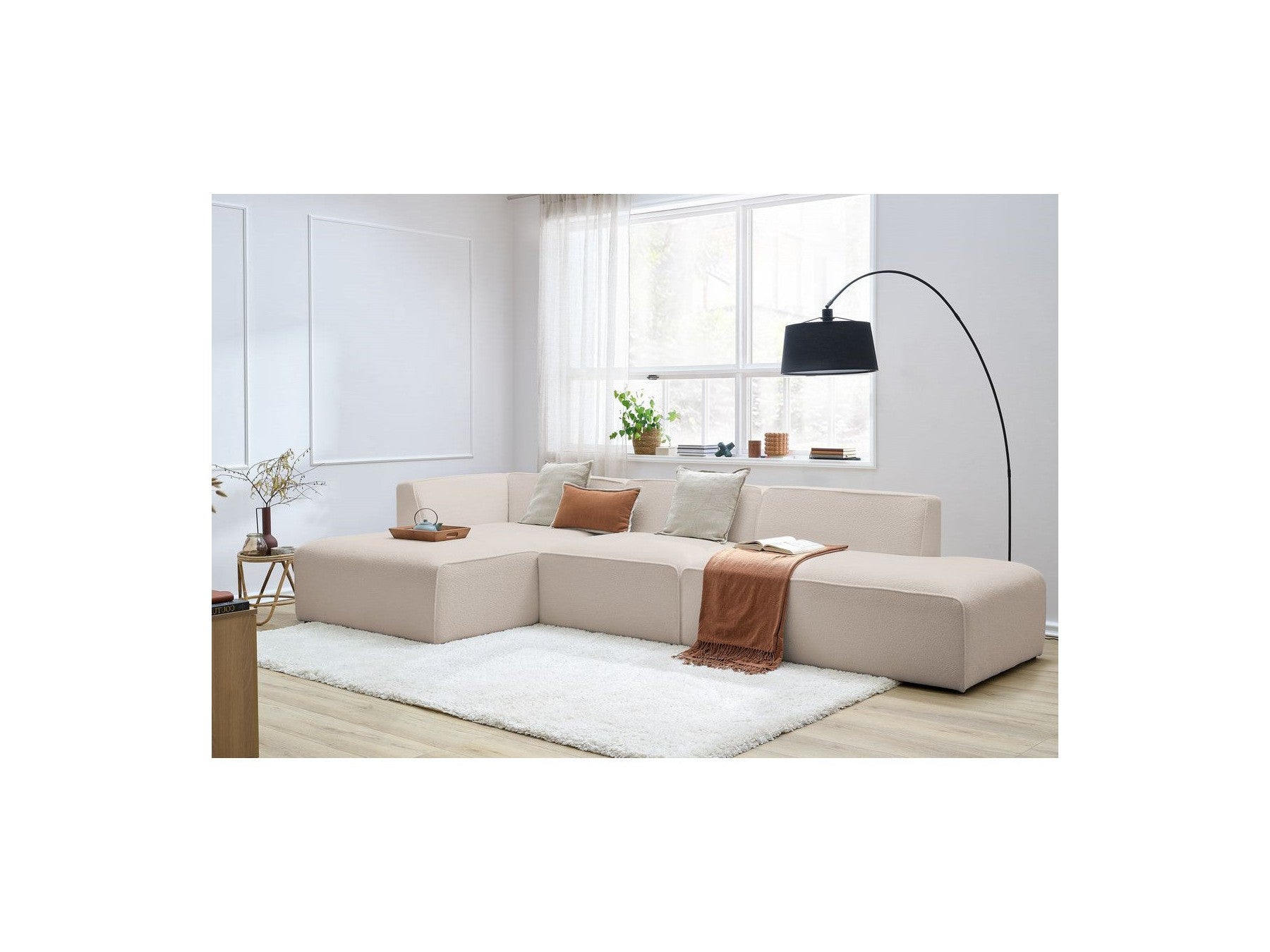 Megeve - Canapé D'Angle Fixe Modulable - Tissu Bouclette - Avec 1 Chauffeuse Et 1 Pouf - Angle Gauche