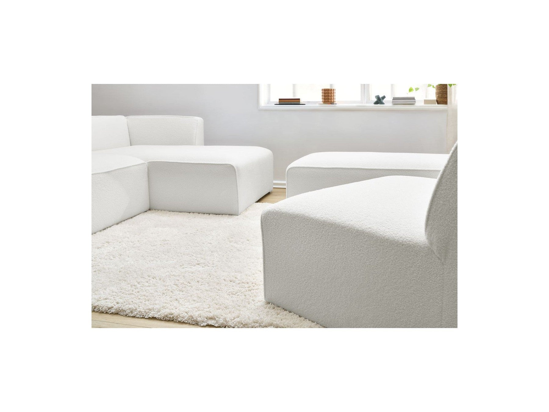 Megeve - Canapé D'Angle Fixe Modulable - Tissu Bouclette - Avec 1 Chauffeuse Et 1 Pouf - Angle Droit