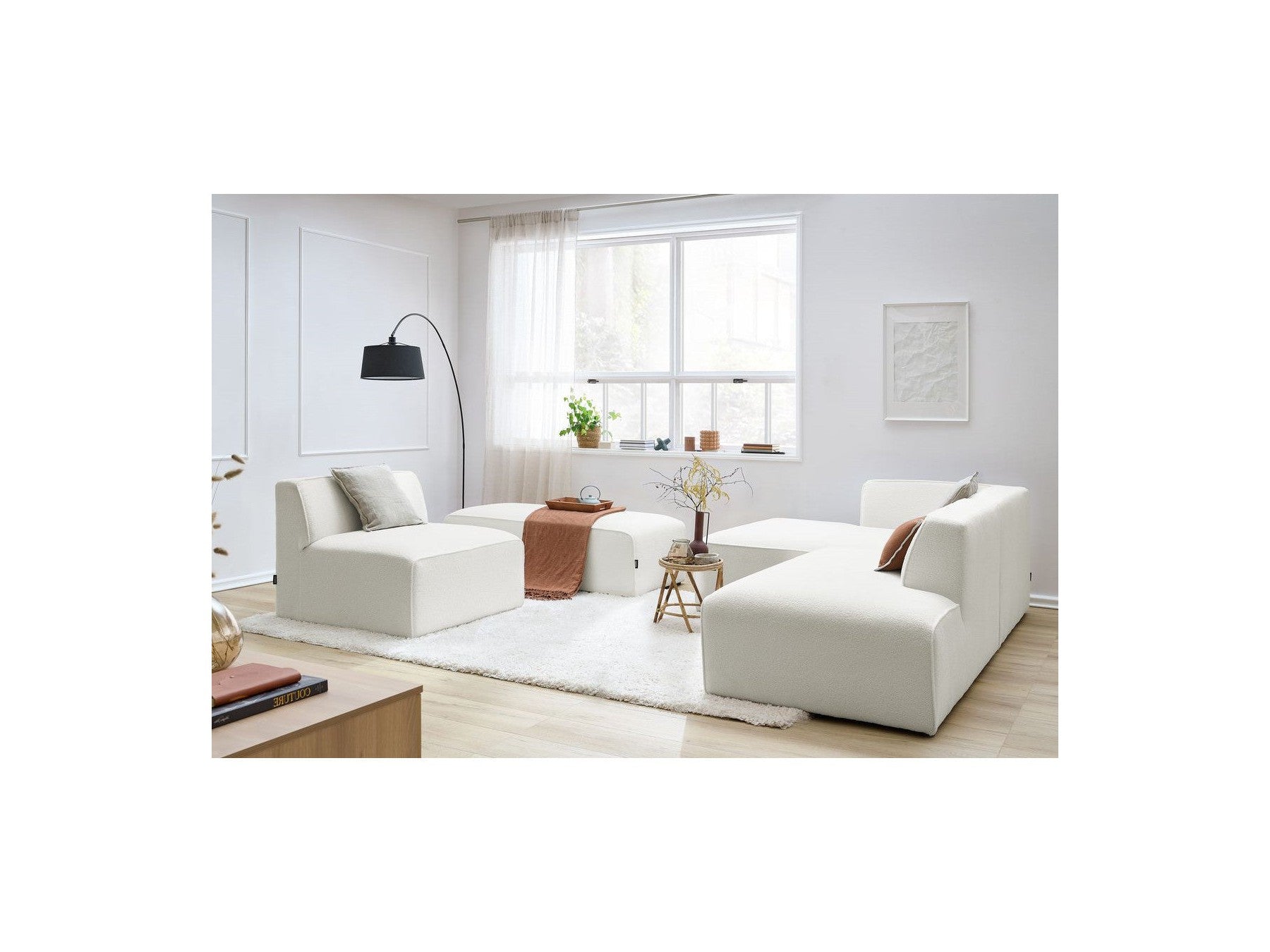 Megeve - Canapé D'Angle Fixe Modulable - Tissu Bouclette - Avec 1 Chauffeuse Et 1 Pouf - Angle Gauche