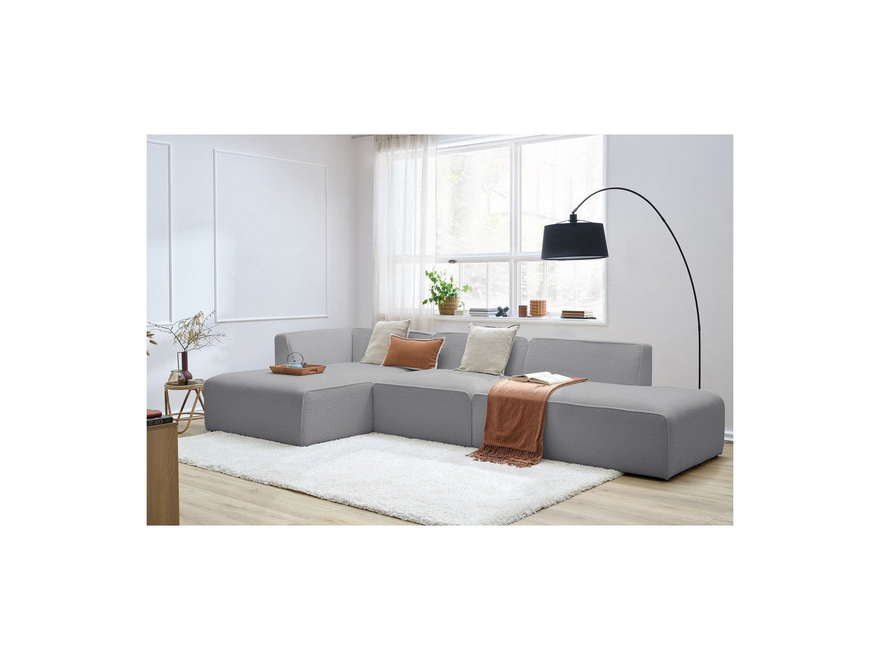 Megeve - Canapé D'Angle Fixe Modulable - Tissu Bouclette - Avec 1 Chauffeuse Et 1 Pouf - Angle Gauche