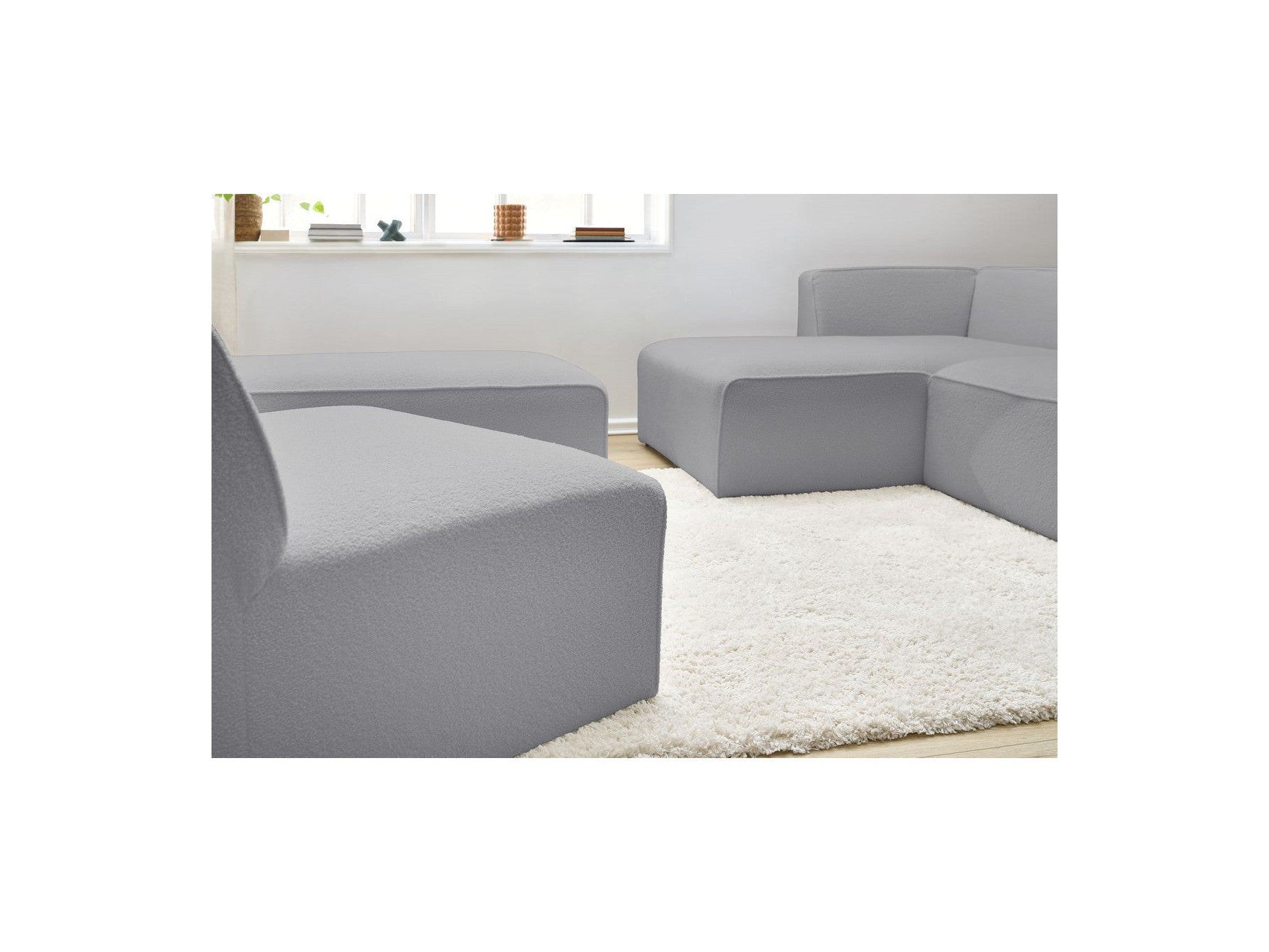Megeve - Canapé D'Angle Fixe Modulable - Tissu Bouclette - Avec 1 Chauffeuse Et 1 Pouf - Angle Gauche