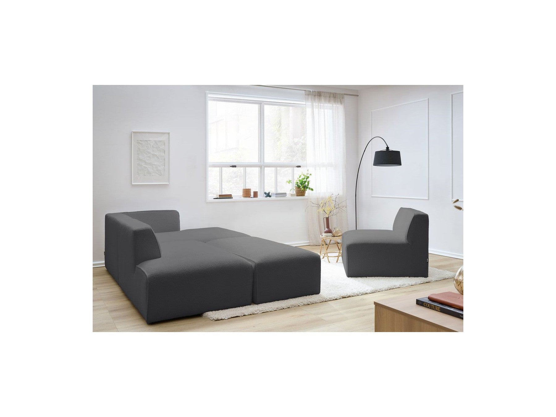 Megeve - Canapé D'Angle Fixe Modulable - Tissu Bouclette - Avec 1 Chauffeuse Et 1 Pouf - Angle Droit