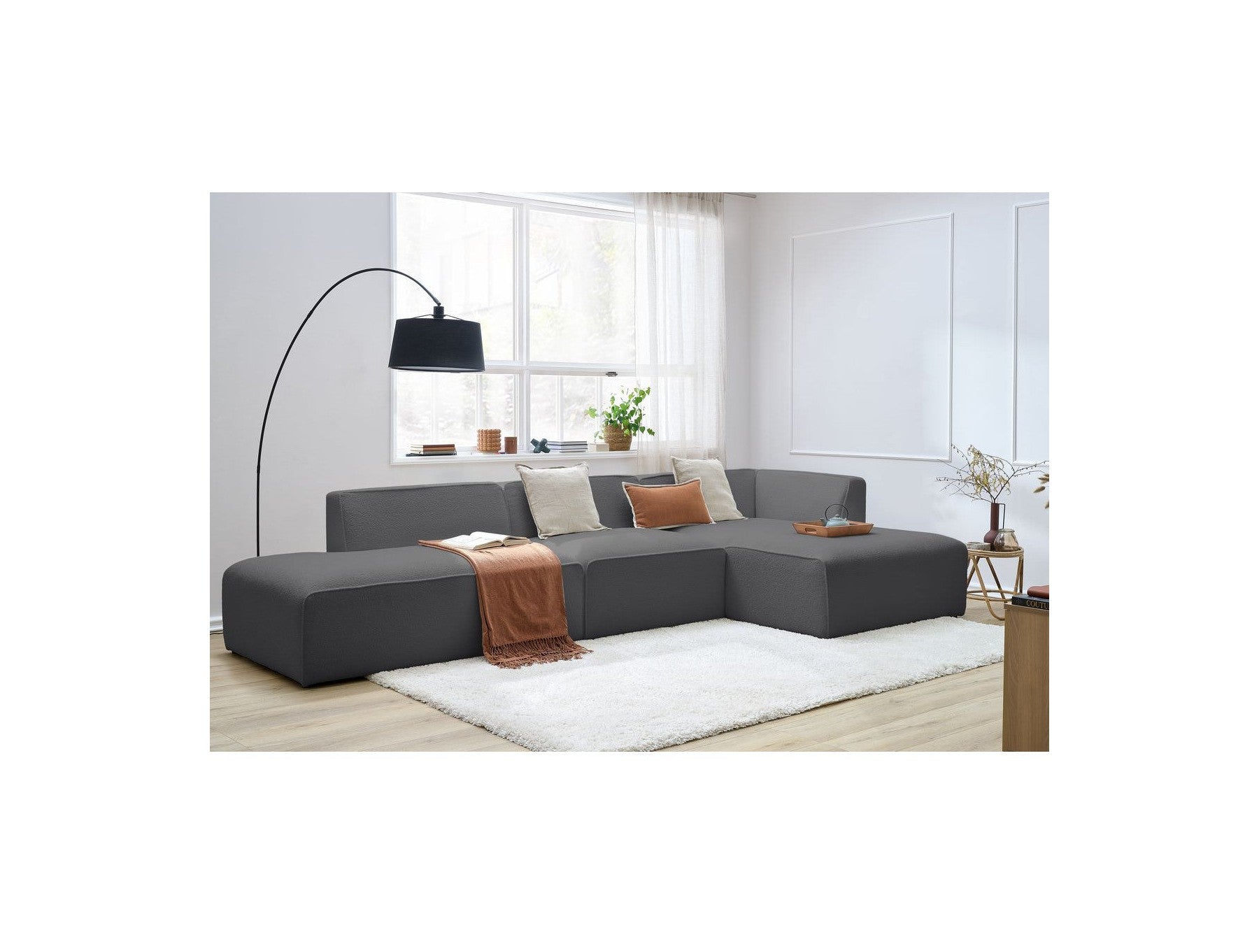 Megeve - Canapé D'Angle Fixe Modulable - Tissu Bouclette - Avec 1 Chauffeuse Et 1 Pouf - Angle Droit