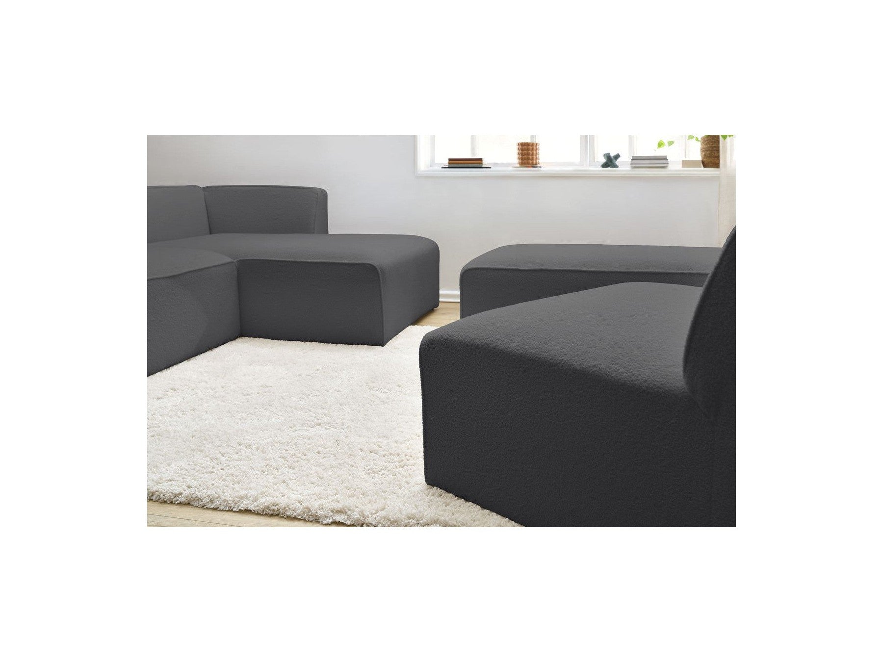 Megeve - Canapé D'Angle Fixe Modulable - Tissu Bouclette - Avec 1 Chauffeuse Et 1 Pouf - Angle Droit