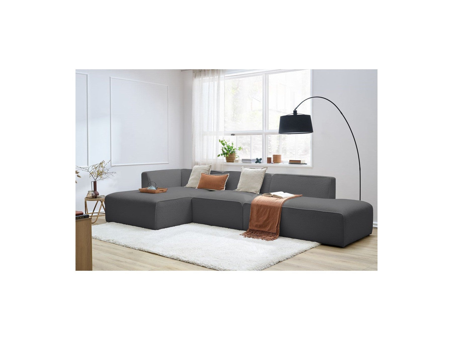 Megeve - Canapé D'Angle Fixe Modulable - Tissu Bouclette - Avec 1 Chauffeuse Et 1 Pouf - Angle Gauche