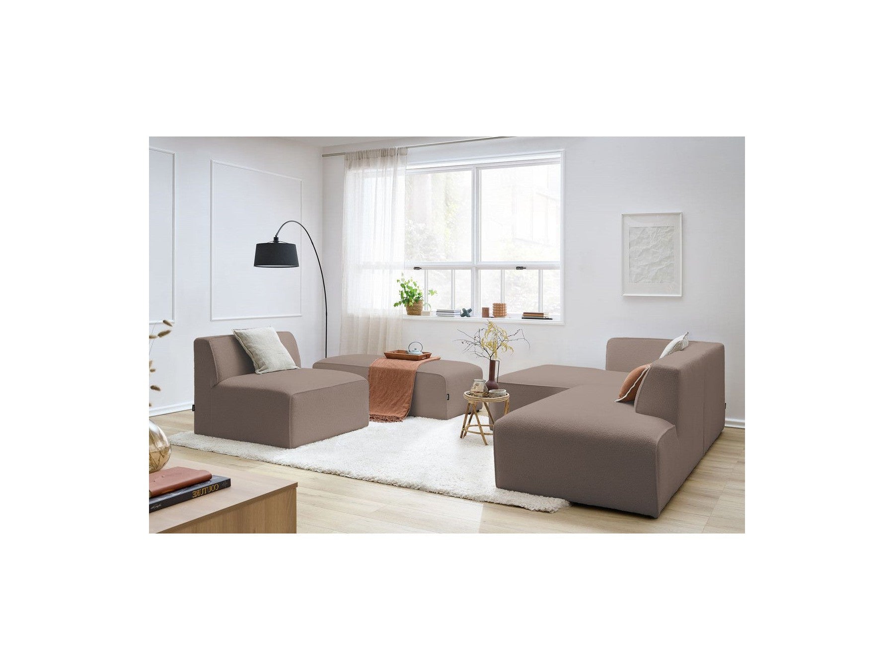 Megeve - Canapé D'Angle Fixe Modulable - Tissu Bouclette - Avec 1 Chauffeuse Et 1 Pouf - Angle Gauche