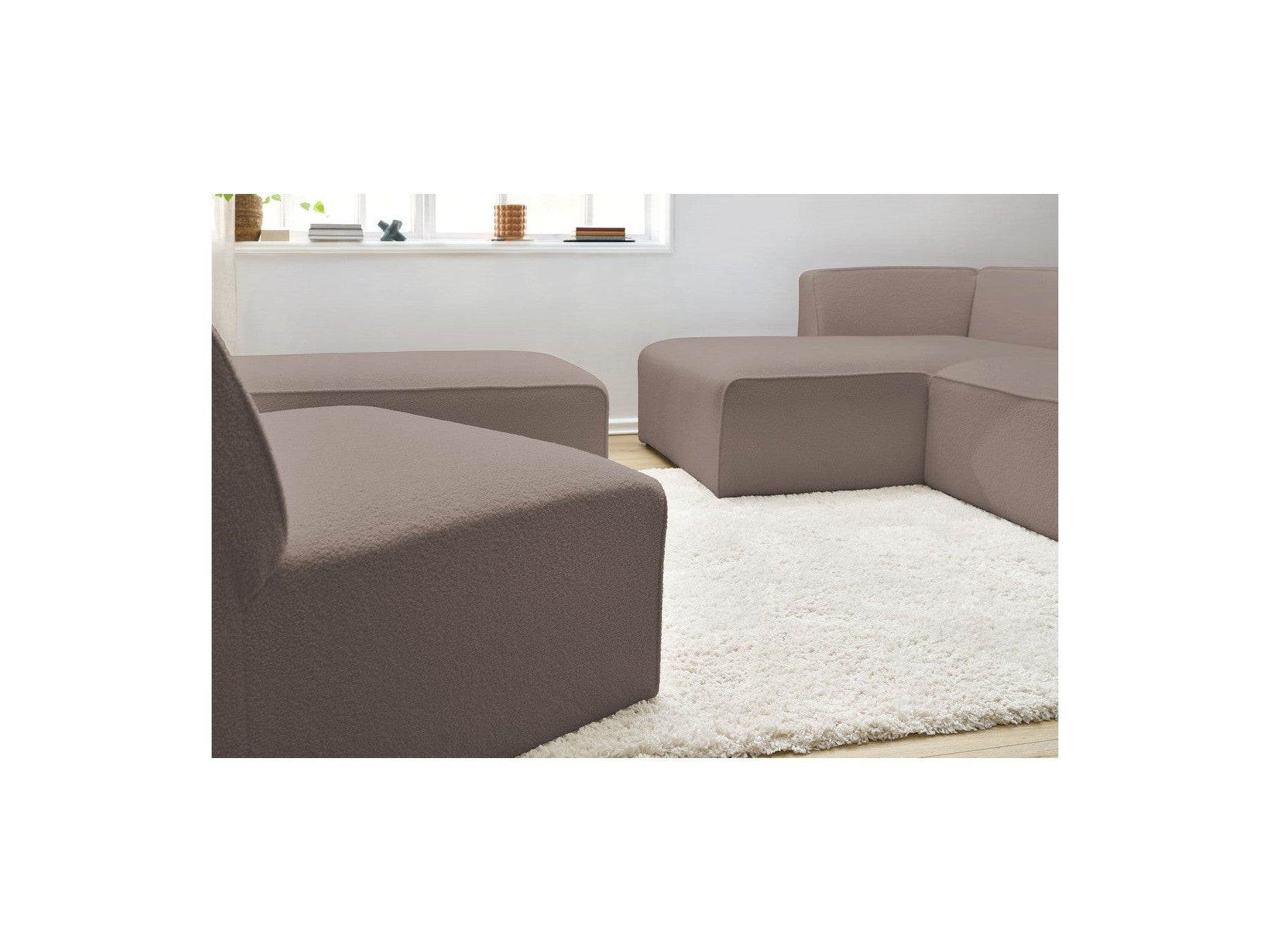 Megeve - Canapé D'Angle Fixe Modulable - Tissu Bouclette - Avec 1 Chauffeuse Et 1 Pouf - Angle Gauche
