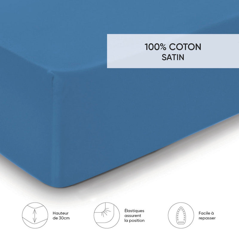 Aurore - Drap-Housse Satin De Coton Uni Bleu
