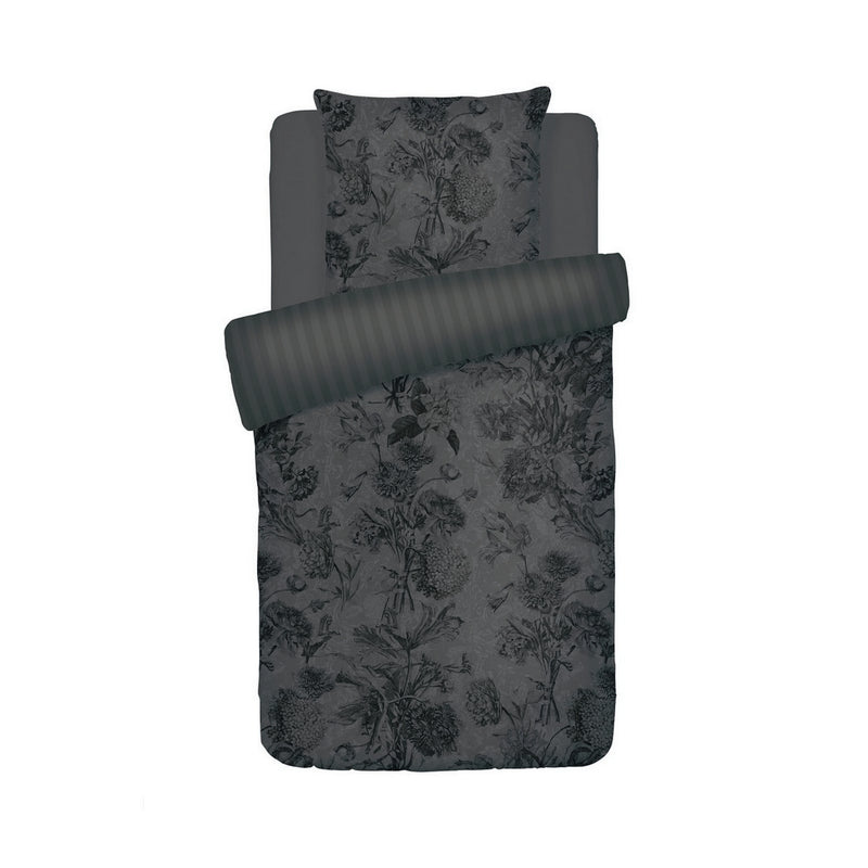 Flore - Housse De Couette + 1 Ou 2 Taie(S) D'Oreiller Satin De Coton Flore Noir / Gris